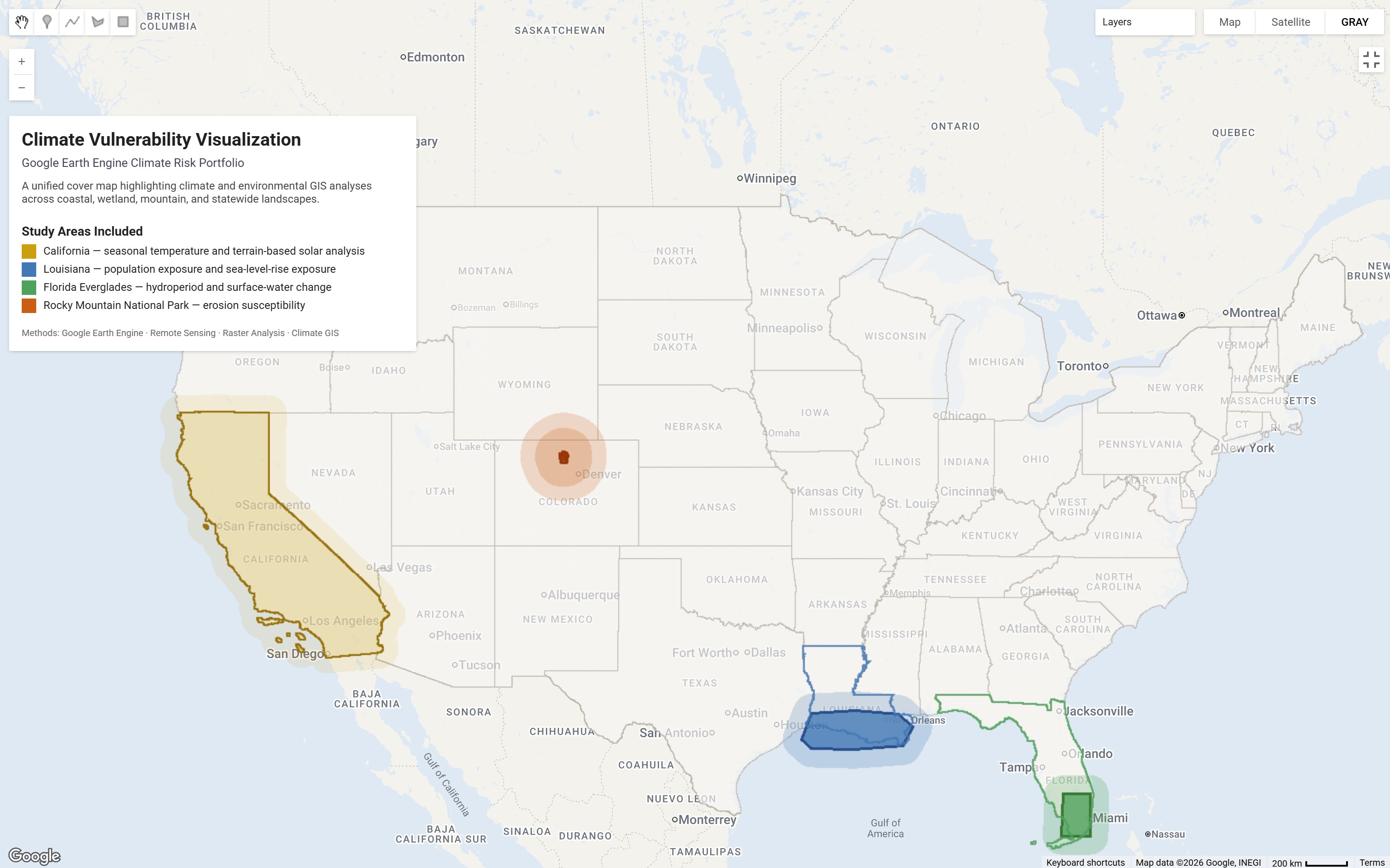 Climate Risk Decision Support cover artwork: Google Earth Engine dashboards covering climate risk, terrain suitability, coastal exposure, hydroperiod change, and erosion susceptibility across the United States