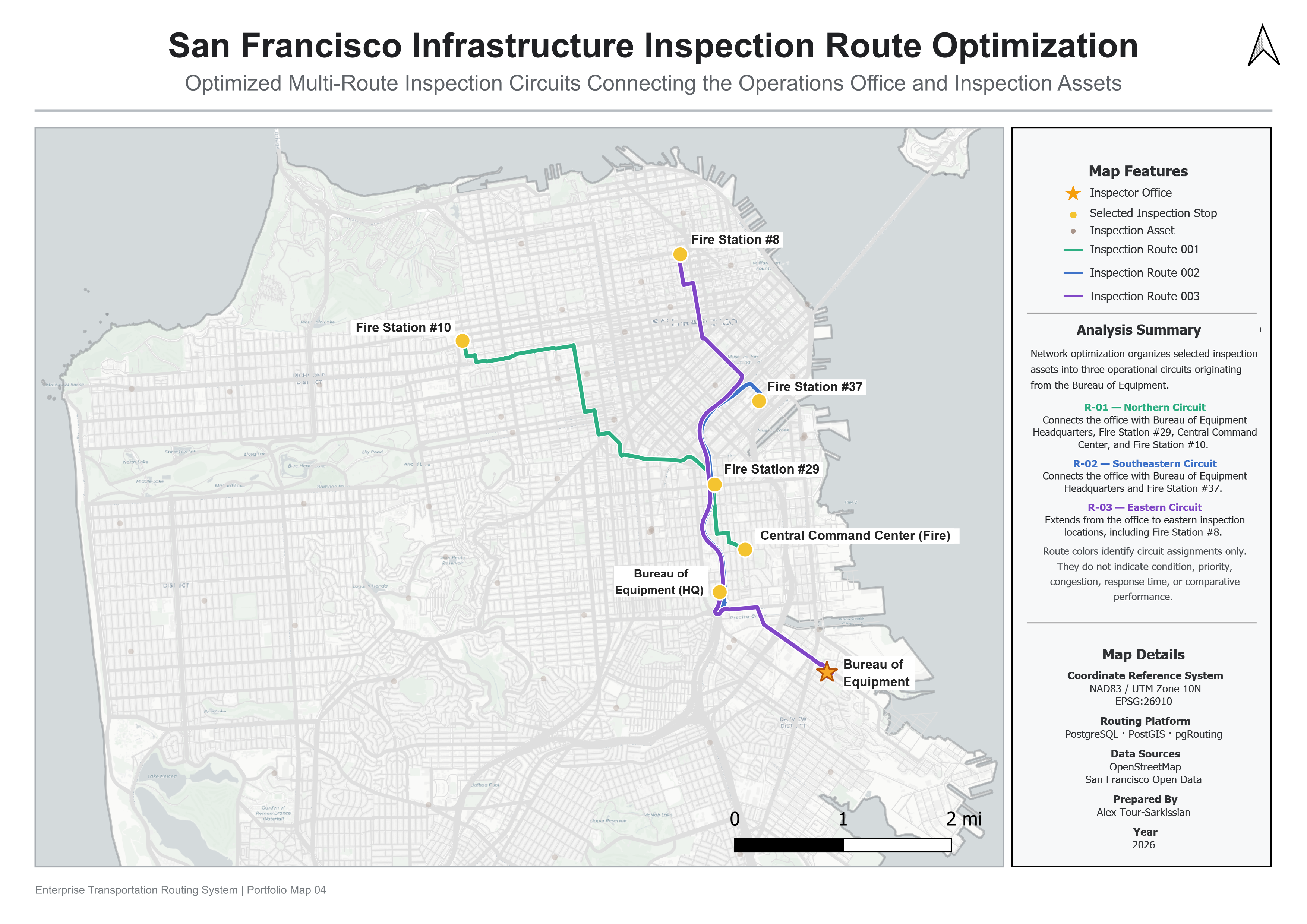 Infrastructure Inspection Routing map showing route-optimization analysis across the San Francisco road network