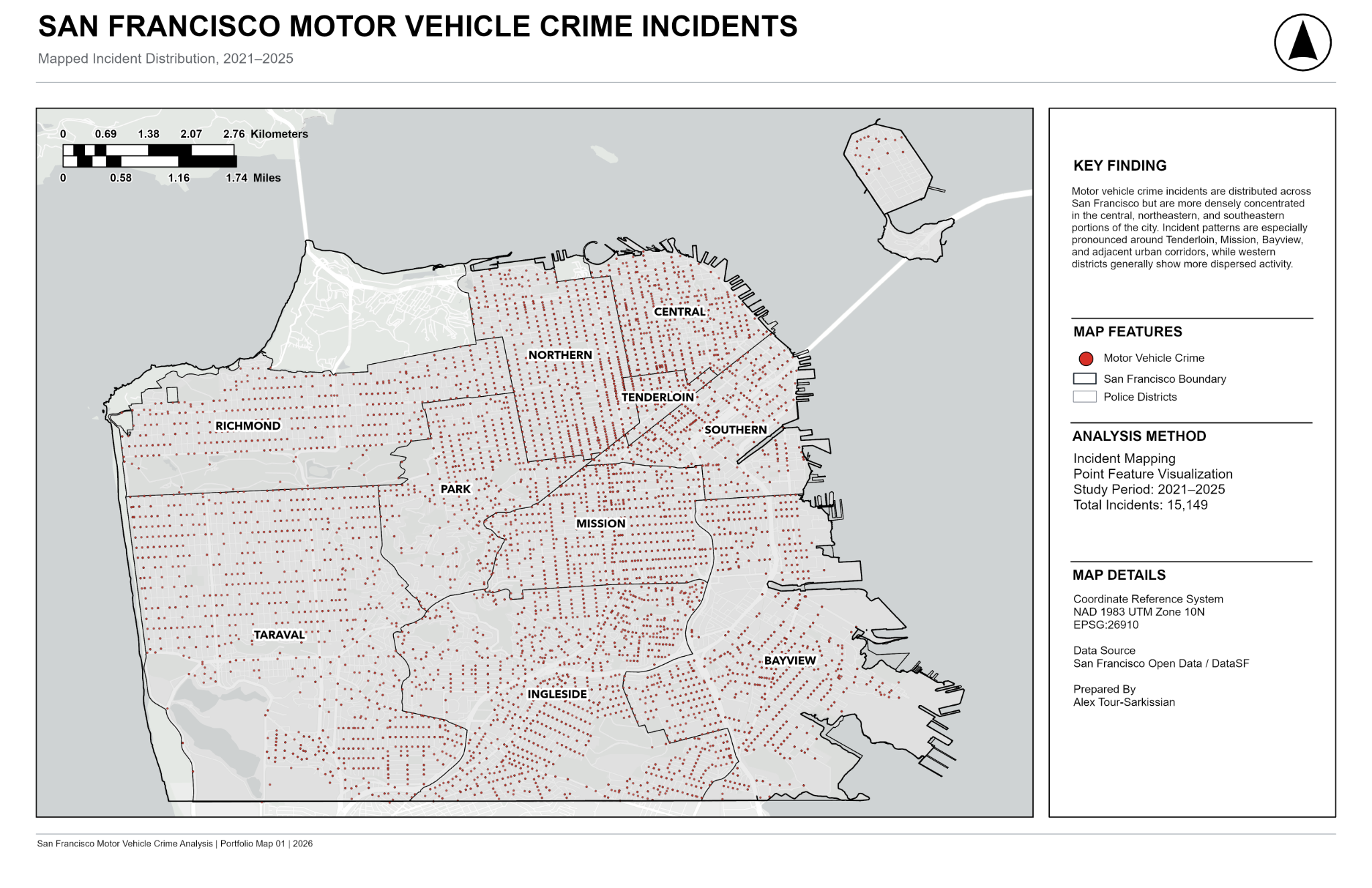 Point map of 15,149 San Francisco motor vehicle crime incidents, 2021 to 2025, with police district and city boundaries for reference