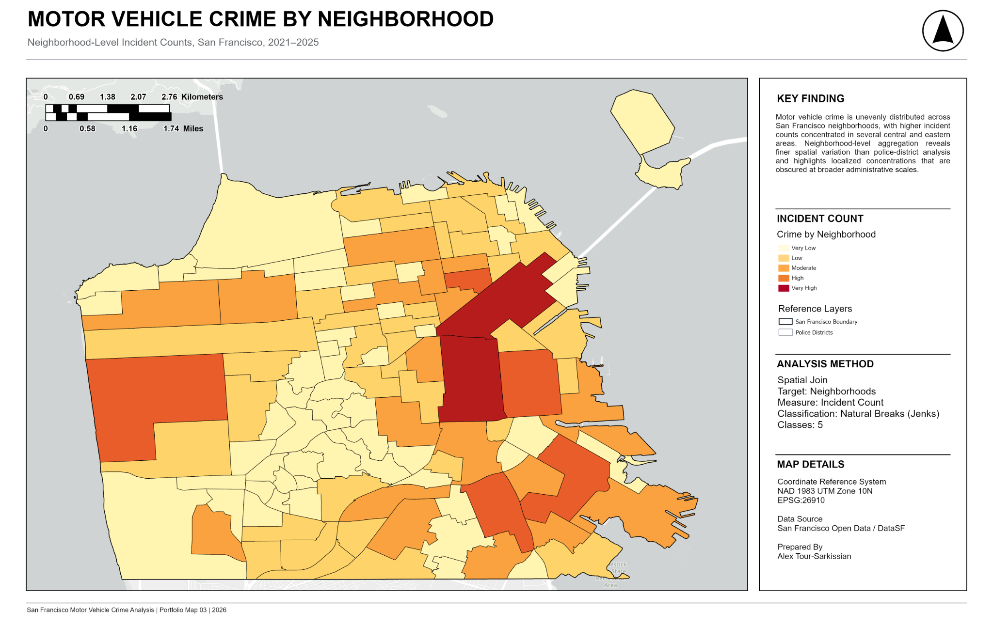 Choropleth map of San Francisco motor vehicle crime incidents by neighborhood, classified with five-class Natural Breaks (Jenks), 2021 to 2025