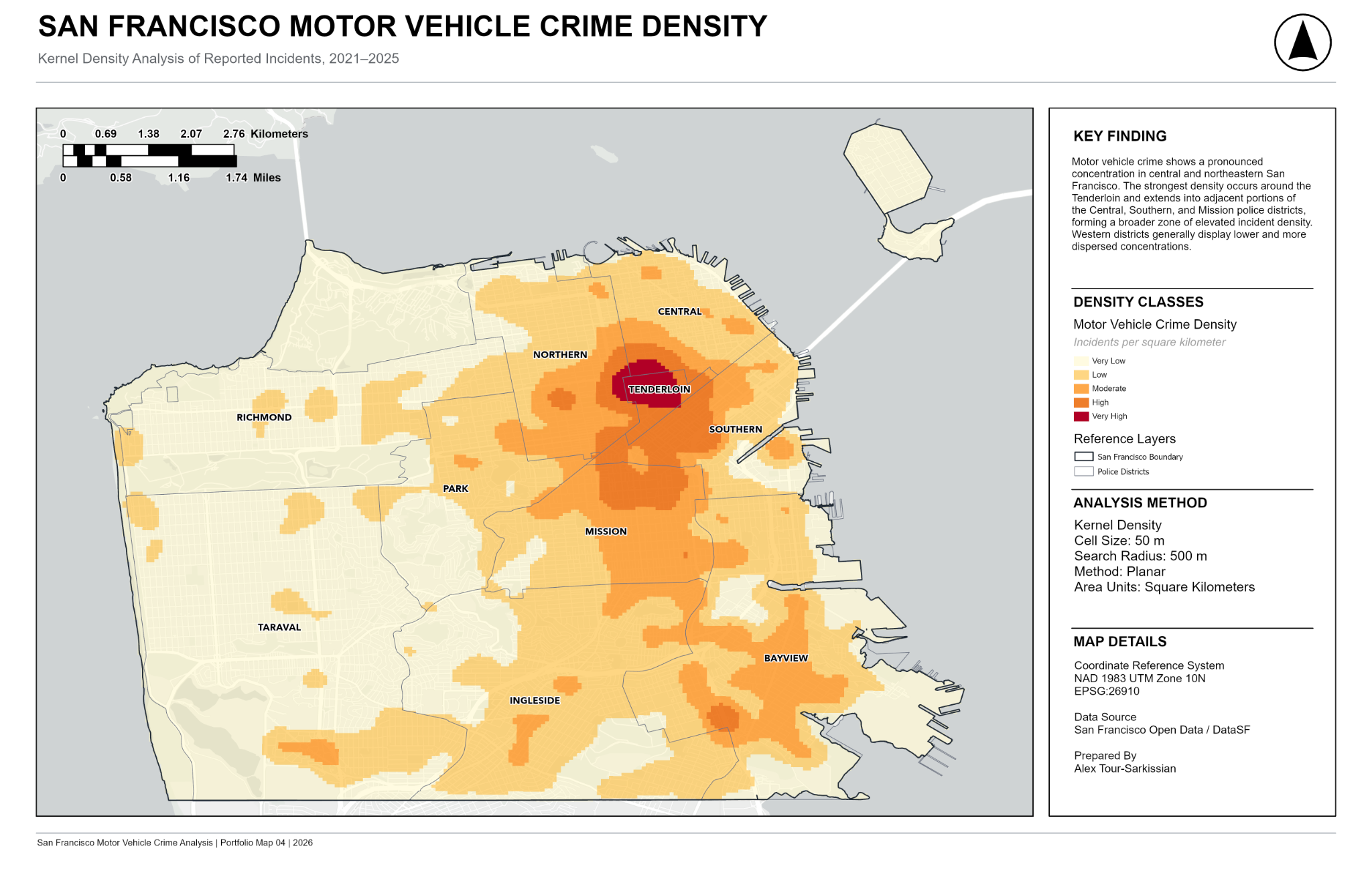 Kernel Density map of San Francisco motor vehicle crime incidents, 2021 to 2025, showing the strongest continuous concentration around Tenderloin and adjacent central districts