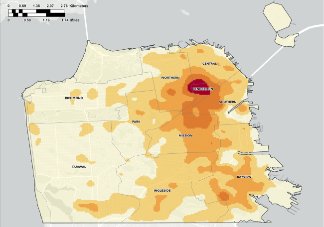 San Francisco Motor Vehicle Crime Spatial Analysis — Kernel Density map